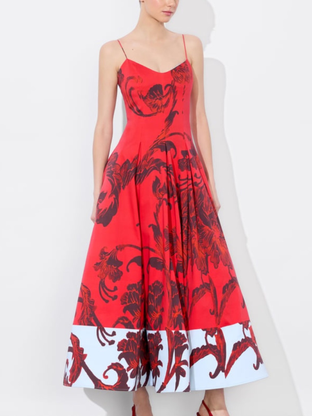 Alice + Olivia ISABELLE Red Midi Dress Philosophy Blue Floral Full Skirt Size 2